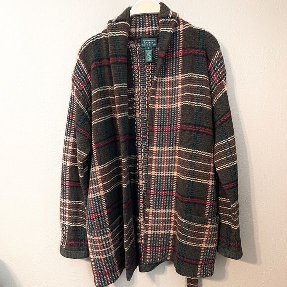 Lauren Ralph Lauren Hand Knit Lambswool Brown Plaid Tie Waist Cardigan Size S - Picture 6 of 6